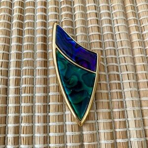 VINTAGE BUTLER SIGNED ABALONE & CRYSTAL GOLD BROOCH LAPEL PIN
